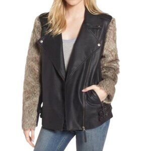 Treasure & Bond Black Vegan leather Tan Faux Fur Sleeve Moto Jacket - Size XS